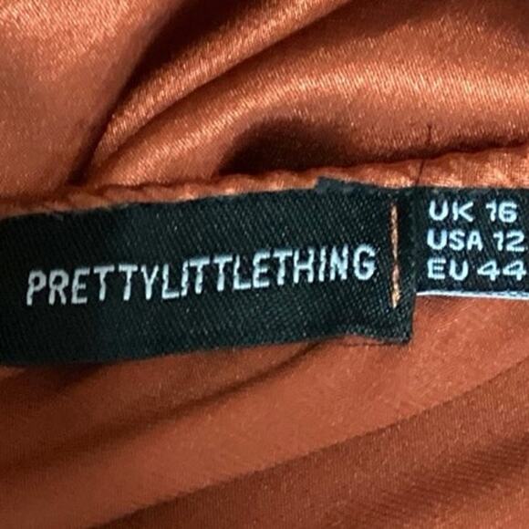 PrettyLittleThing Brown Silky Satin Cowl Neck Short Camisole Tank Dress Size L - Picture 4 of 5